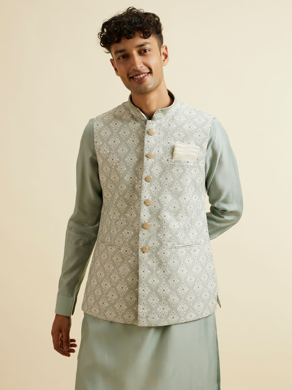 alt message - Manyavar Men Pista Green Buta Jaal Patterned Jacket image number 0